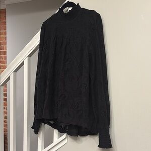 Sundance Dorina Black Lace Mock Neck Lace Blouse Top